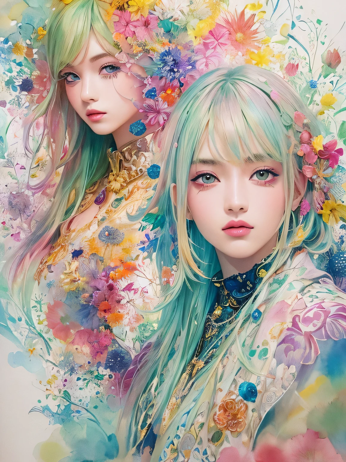 Masayo Style、(((stylish fashion))), 8K Quality、Intense watercolor, Detailed watercolor art, Watercolor splash, Surreal, avant-garde pop art, Beautiful and expressive paintings, Beautiful artwork illustration, Very colorful tones, wonderful, Cool beauty, highest quality、Official Art, Vector art, Stylish design, (((The most beautiful girl))), (((highest quality))), HDR, ((detailed)), (((Doodle Art)), ((masterpiece)), ((Super detailed)), (((Stylish))),