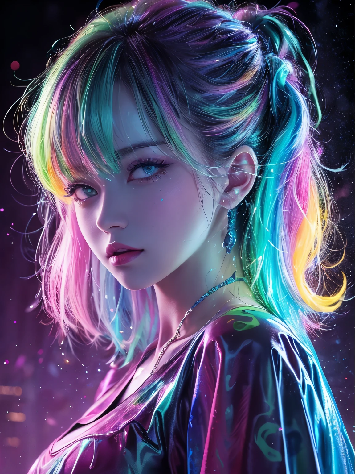 Glow in the dark ,the color glow of Bioluminescent , paint splashing,Captivating psychedelic surreal neon amazing universe beautiful gorgeous women in a bright colorful neon light,Mark Reiden、daniel merriam、Bright neon colors in the style of Frank Frazetta and Boris Vallejo, 、fashion crop top clothes,Sandals,super realism, trippy, ornate, beautiful, fine Detail, intricated detail, Hyper detailed, oil painting, intricate colors,