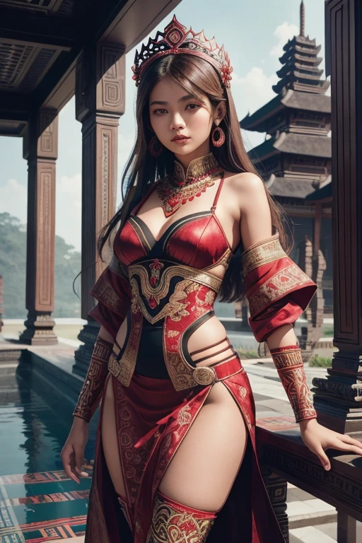 An Indonesian-styled futuristic sexy lingerie worn by a  girl with brown hair depicting cultural fusion and modern fashion. Indonesian-styled crown on the head. The suit is adorned with intricate patterns and dominate by red vibrant colors, showcasing the rich heritage of Indonesia. The girl stands confidently in a dynamic pose, with her detailed eyes reflecting courageous and adventurous. The suit's material is a combination of red ruby stone and traditional textiles and futuristic synthetic fabrics, giving it a unique and avant-garde appearance. The overall image quality is of the highest standard, with sharp focus and ultra-detailed rendering. The artwork employs physically-based rendering techniques, resulting in realistic lighting and shadows. The colors are vivid and vibrant, capturing the essence of Indonesia cultural aesthetics. The background features a fusion of modern architecture and traditional elements, creating a harmonious blend of the past and the future. The prompt explores the intersection of Indonesia culture, futuristic design, and the artistic representation of a confident girl, full body portrait.