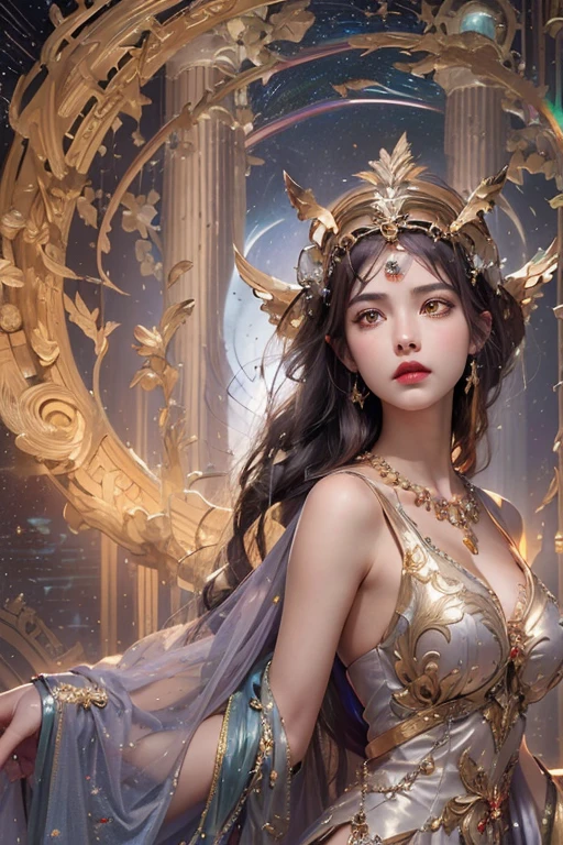 1 27-year-old girl, 1 goddess from the future athena, 12 constellations pink and purple goddess,(((Large Breasts、Breast sagging、Low-cut，Cleavage ，Wide hips,)))((Long legs)),Hourglass figure)) Athena goddess sexy face light yellow nightdress, Long thin pajamas 12 constellations many details sexy black lace , Athena, the mythical goddess from the future, Elegance shines in Athena style, Dark Mystery Version, athena crown, Red lips, Thin and beautiful lips, The goddess Athena did not smile, A pair of pouty lips, Characters created by Carol Buck and Pino Deheny, Intricate details, Detailed background, Very detailed, Simple French, woman, in, Side view of goddess Athena, ( Big and round breasts: 1.8), (Very flat and regular chest: 1.8) Phoenix Hair Brooch, Long hair tied into a neat bun, (There are seven colors of long hair，Like a rainbow: 1.9), Pretty Face with details and balance for balanced eyes, (Transparent yellow eyes: 1.8 ), Big round eyes，Beautiful makeup, Visionary, Long silk robe, Mysterious Makeup, bracelet, Bangs and light dyeing, Upper Body, (雅典娜的Upper Body): 1.8 ), Drooping arms, realistic and vivid image, (The stars that make up Athena: 1.7), (Athena&#39;s Sky, The portal to time and imagination: 1.8), Fictional Art , RAW photo, hanfu photo, Best photo, High_resource, best quality, Best photo, 8K picture quality, 8k limit, Surrealism, Best Real Economic photography, Artistic portrait of the Athena symbol, 1 Post Athena logo icon, Athena single portrait, The most realistic color scheme, 最佳彩色photo, On the table, Hair accessories, necklace, Jewelry, Pretty Face, Upper Body, Tyndall Effect, Optics, Dark Studio, Border light, Two-tone light, (High skin detail: 1.2), 8K Ultra HD, Digital SLR Camera, Soft Light, high quality, Volumetric light, Nature, photo, High resourceolution, 4K quality, 8K, Bokeh, Smooth and sharp, 10x pixel, Enchanting Athena, Sexy Athena, (Background Space: 1.8), (stripe) galaxy: 1.7), aurora, lightning, (aurora Background: 1.8), Perfect eyes, 画出Perfect eyes, Beautiful goddess and flowers,