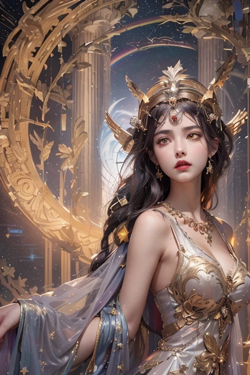 1 27-year-old girl, 1 goddess from the future athena, 12 constellations pink and purple goddess,(((Large Breasts、Breast sagging、Low-cut,Cleavage ,Wide hips,)))((Long legs)),Hourglass figure)) Athena goddess sexy face light yellow nightdress, Long thin pajamas 12 constellations many details sexy black lace , Athena, the mythical goddess from the future, Elegance shines in Athena style, Dark Mystery Version, athena crown, Red lips, Thin and beautiful lips, The goddess Athena did not smile, A pair of pouty lips, Characters created by Carol Buck and Pino Deheny, Intricate details, Detailed background, Very detailed, Simple French, woman, in, Side view of goddess Athena, ( Big and round breasts: 1.8), (Very flat and regular chest: 1.8) Phoenix Hair Brooch, Long hair tied into a neat bun, (There are seven colors of long hair,Like a rainbow: 1.9), Pretty Face with details and balance for balanced eyes, (Transparent yellow eyes: 1.8 ), Big round eyes,Beautiful makeup, Visionary, Long silk robe, Mysterious Makeup, bracelet, Bangs and light dyeing, Upper Body, (雅典娜的Upper Body): 1.8 ), Drooping arms, realistic and vivid image, (The stars that make up Athena: 1.7), (Athena's Sky, The portal to time and imagination: 1.8), Fictional Art , RAW photo, hanfu photo, Best photo, High_resource, best quality, Best photo, 8K picture quality, 8k limit, Surrealism, Best Real Economic photography, Artistic portrait of the Athena symbol, 1 Post Athena logo icon, Athena single portrait, The most realistic color scheme, 最佳彩色photo, On the table, Hair accessories, necklace, Jewelry, Pretty Face, Upper Body, Tyndall Effect, Optics, Dark Studio, Border light, Two-tone light, (High skin detail: 1.2), 8K Ultra HD, Digital SLR Camera, Soft Light, high quality, Volumetric light, Nature, photo, High resourceolution, 4K quality, 8K, Bokeh, Smooth and sharp, 10x pixel, Enchanting Athena, Sexy Athena, (Background Space: 1.8), (stripe) galaxy: 1.7), aurora, lightning, (aurora Background: 1.8), Perfect eyes, 画出Perfect eyes, Beautiful goddess and flowers,