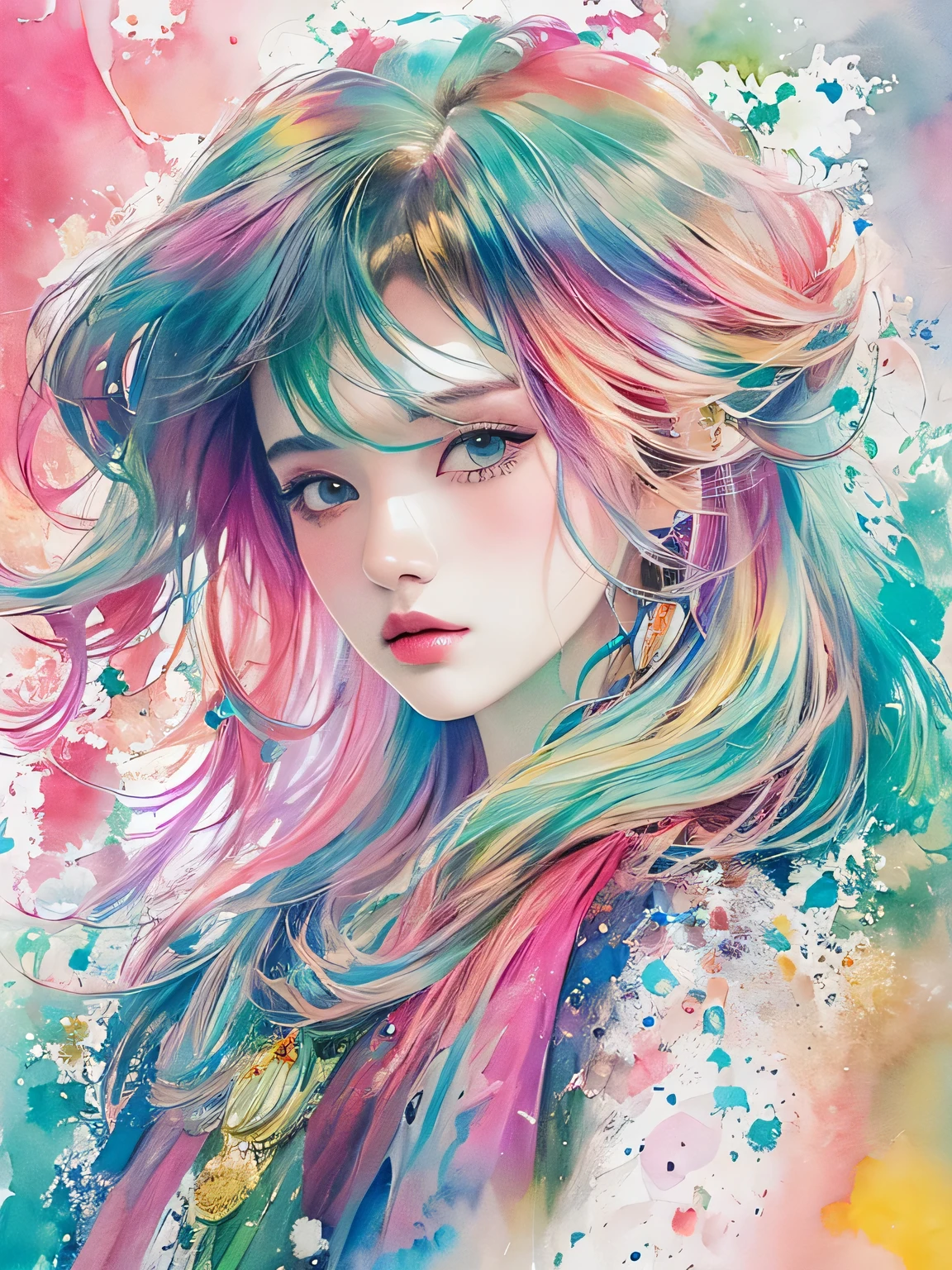 Masayo Style、(((stylish fashion))), 8K Quality、Intense watercolor, Detailed watercolor art, Watercolor splash, Surreal, avant-garde pop art, Beautiful and expressive paintings, Beautiful artwork illustration, Very colorful tones, wonderful, Cool beauty, highest quality、Official Art, Vector art, Stylish design, (((The most beautiful girl))), (((highest quality))), HDR, ((detailed)), (((Doodle Art)), ((masterpiece)), ((Super detailed)), (((Stylish))),