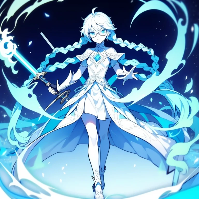 Half-length statue of a girl,k hd,4K,face expressionless,style of anime,sideface,white backgrounid,blue color eyes,white color hair,((full body)),Confused eyes,(default character)SD character, masterpiece,best quality,ultra detailed,4K,super fine illustration,highly detailed beautiful face and eyes,cyan color scheme, lighting,fantasy,extremely solemn atmosphere,long hair,floating hair,smirk,fighting stance,dynamic pose,(holding glowing sword:1.3),particle light,luminescence,plasma,electric current,blue flame,sense of depth,dynamic angle,((glasses, twin braids)),