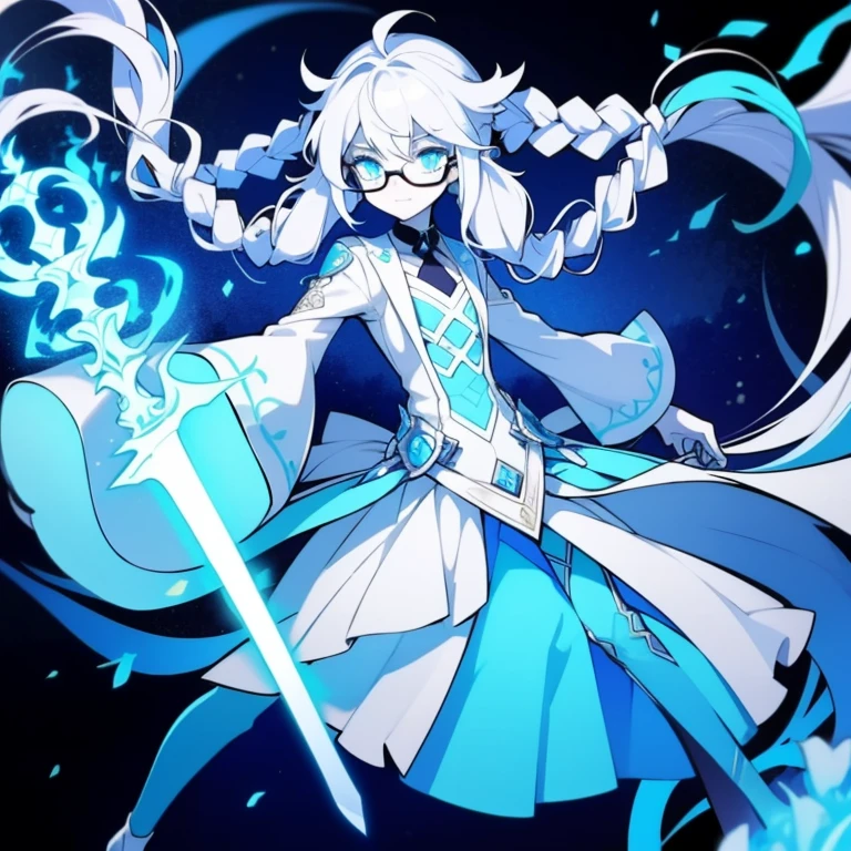 Half-length statue of a girl，k hd，4K，face expressionless，style of anime，sideface，white backgrounid，blue color eyes，white color hair,((full body)),Confused eyes,(default character)SD character, masterpiece,best quality,ultra detailed,4K,super fine illustration,highly detailed beautiful face and eyes,cyan color scheme, lighting,fantasy,extremely solemn atmosphere,long hair,floating hair,smirk,fighting stance,dynamic pose,(holding glowing sword:1.3),particle light,luminescence,plasma,electric current,blue flame,sense of depth,dynamic angle,((glasses, twin braids)),