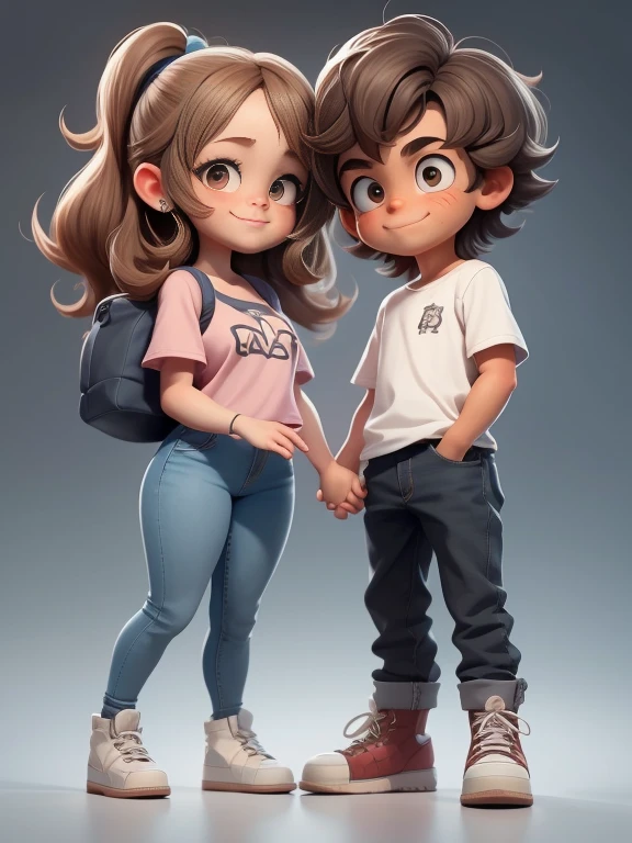 2 joyful people(1 guy and 1 girl), holding hands, Brother and sister, Love, friendship, chubby, brown-eyed, very shaggy tousled brown hair, white shirt and jeans, lace-up boots, smile at each other; whole body, realistic skin, Realistic eyes, Same height, Modern, High quality textures, very detailed, Anatomical Realism of Hands, Fantastic cutie, funny, IP design, Clean 3D rendering of bright backgrounds, OC rendering, 8K, мягкий focus, Ultra-Thin Glossy Detail --Air 3:6 50 --q 2 --niji 5 --expressive style --s 2