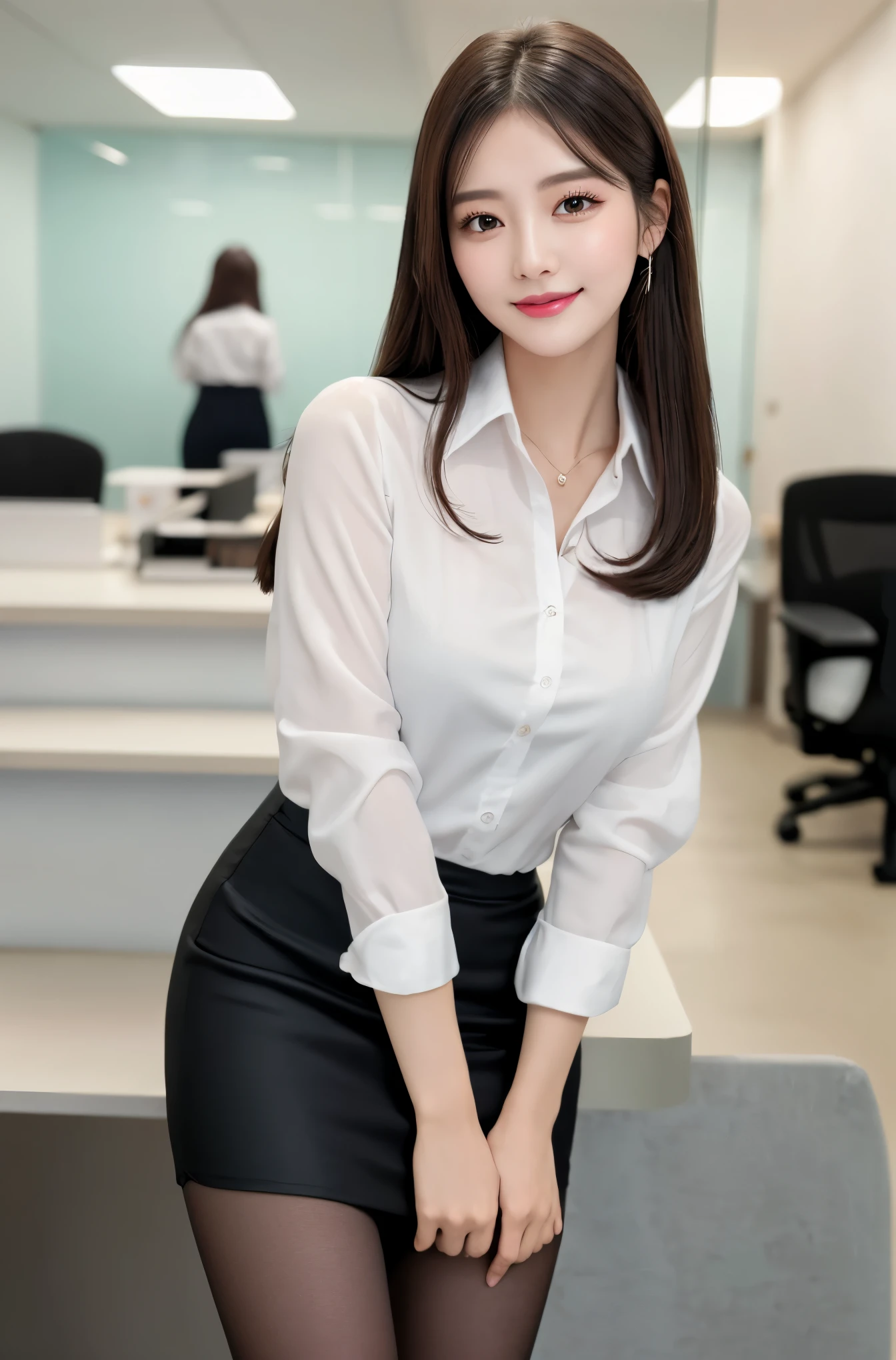 （8k、highest quality、highest quality、masterpiece、Ultra-high resolution、big 、A carefully crafted face、Beautiful fingers、Beautiful Hands、Skin Texture），whole body、Idol sculpture、((Long Hair))、alone、Beautiful double eyelids、smile、White dress shirt、Black pencil skirt、pantyhose、office、(woman)、OL、work、