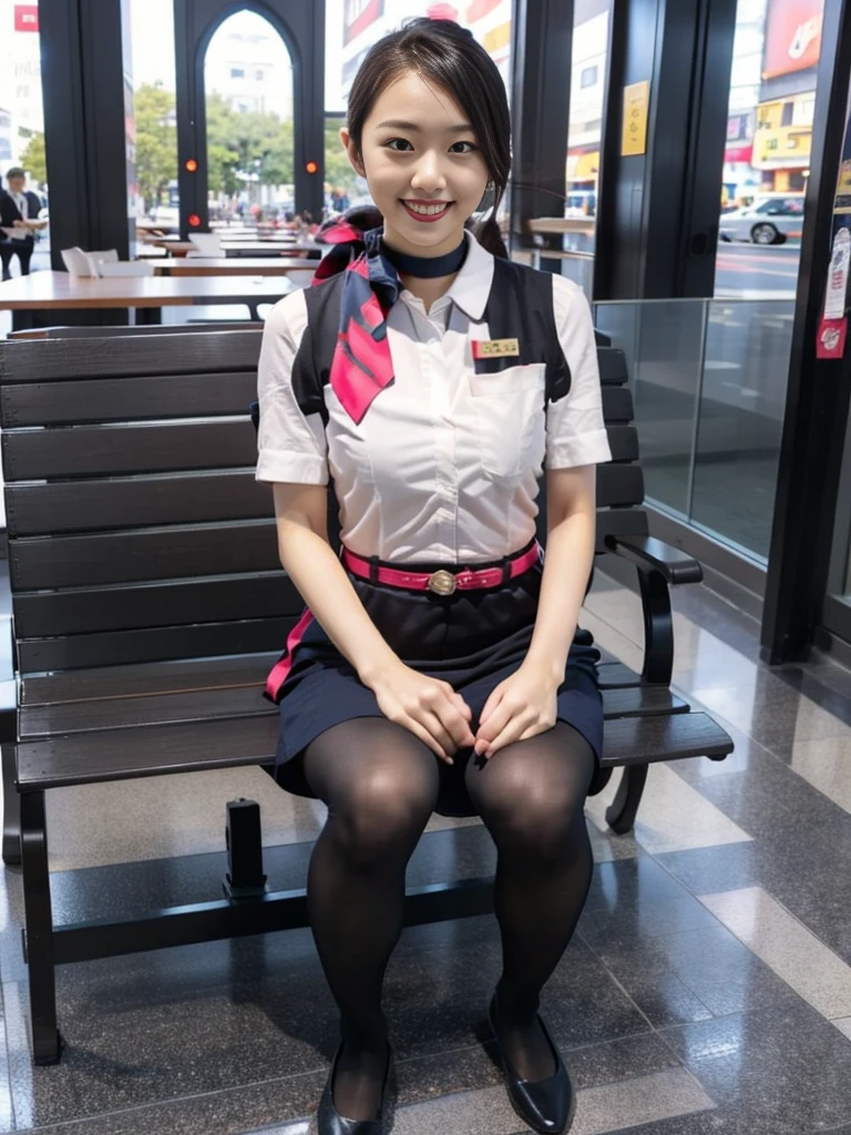 masterpiece, best quality, 1 girl, solo, 20 years old, (flat chest:1.3),skinny, Perfect Face, beautiful, extremely long hair, jal uniform, church, black pantyhose, pink lace panty, panties under pantyhose, japanese, (skirt lift:1.1), (show off panties:1.1), embarrassed, hand between legs, sit on a bench, full body,