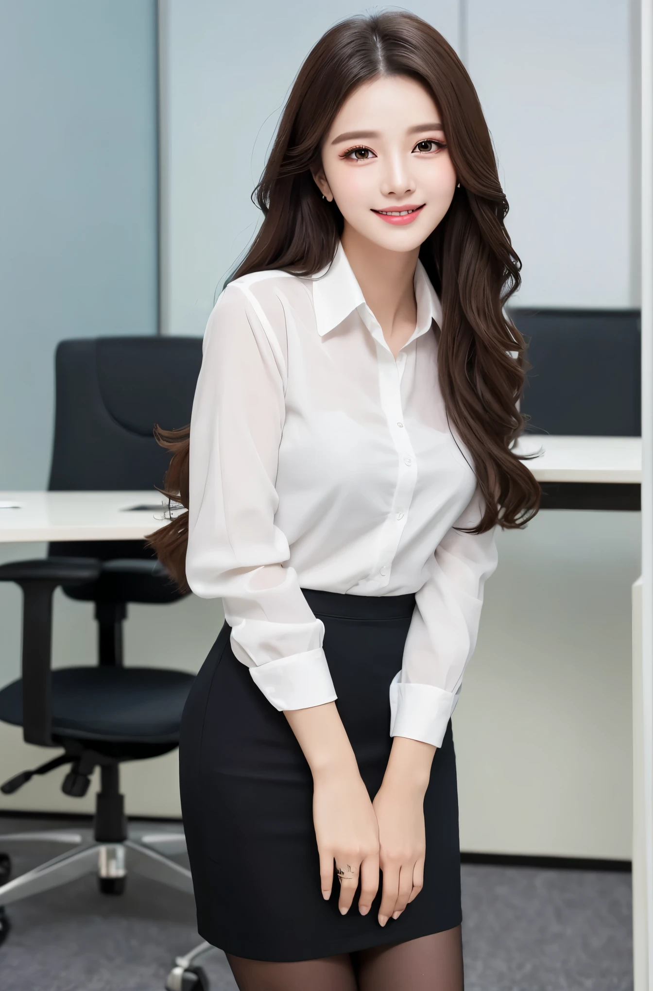 (8k、highest quality、highest quality、masterpiece、Ultra-high resolution、big 、A carefully crafted face、Beautiful fingers、Beautiful Hands、Skin Texture),whole body、Idol sculpture、((Long Hair))、alone、Beautiful double eyelids、smile、White dress shirt、Black pencil skirt、pantyhose、office、(woman)、OL、work、