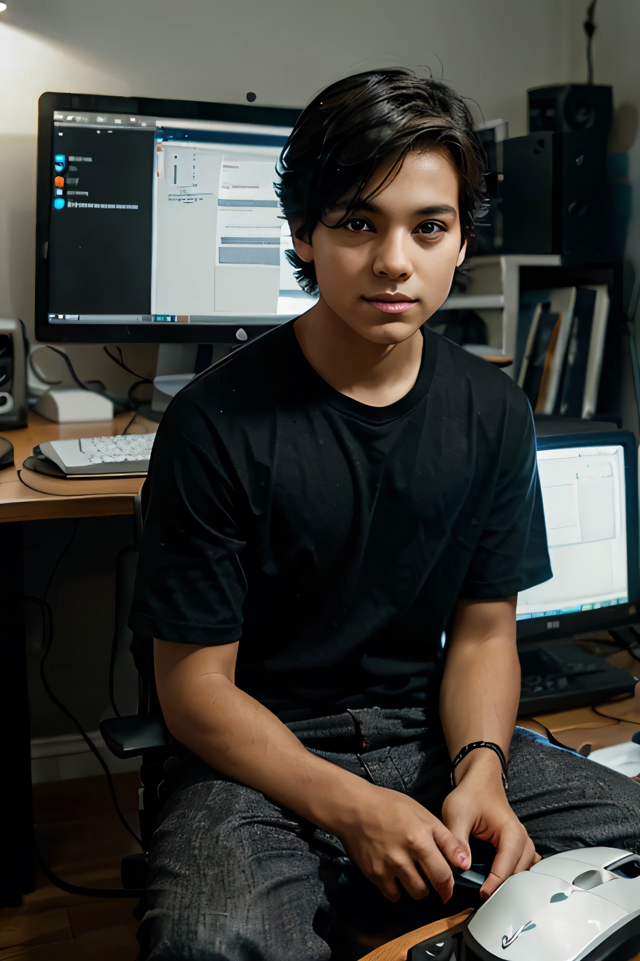 A boy sitting in front of a computer learning i java script in his studio style LED lights The boy is wearing a black shirt, black hair, keyboard & mouse