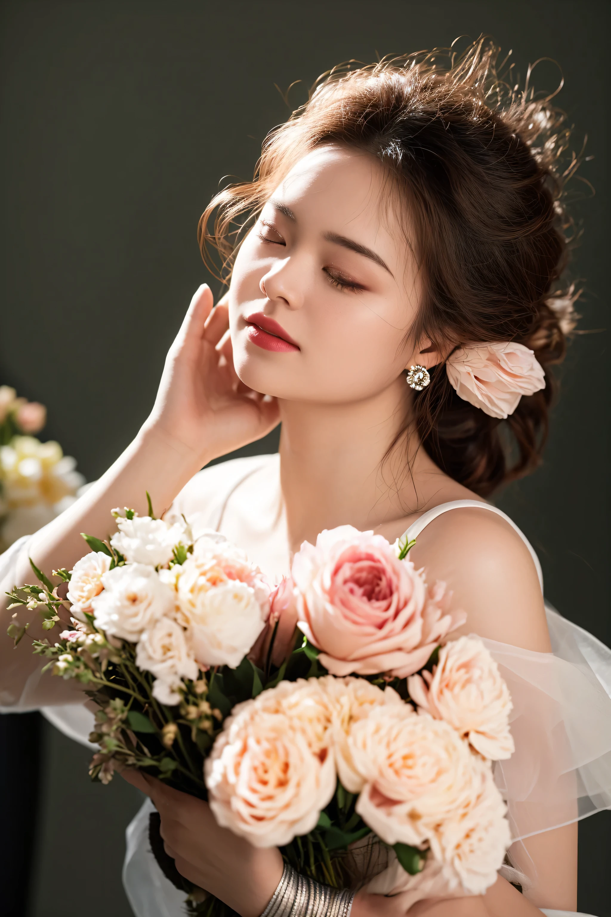 there is a woman holding a bouquet of flowers in her hands, with flowers, shot with canon eoa 6 d mark ii, lovely woman, female portrait with flowers, taken with canon eos 5 d mark iv, photo taken with nikon d750z8, photo taken with nikon z8, photo taken with canon 5d, soft portrait shot 8 k
