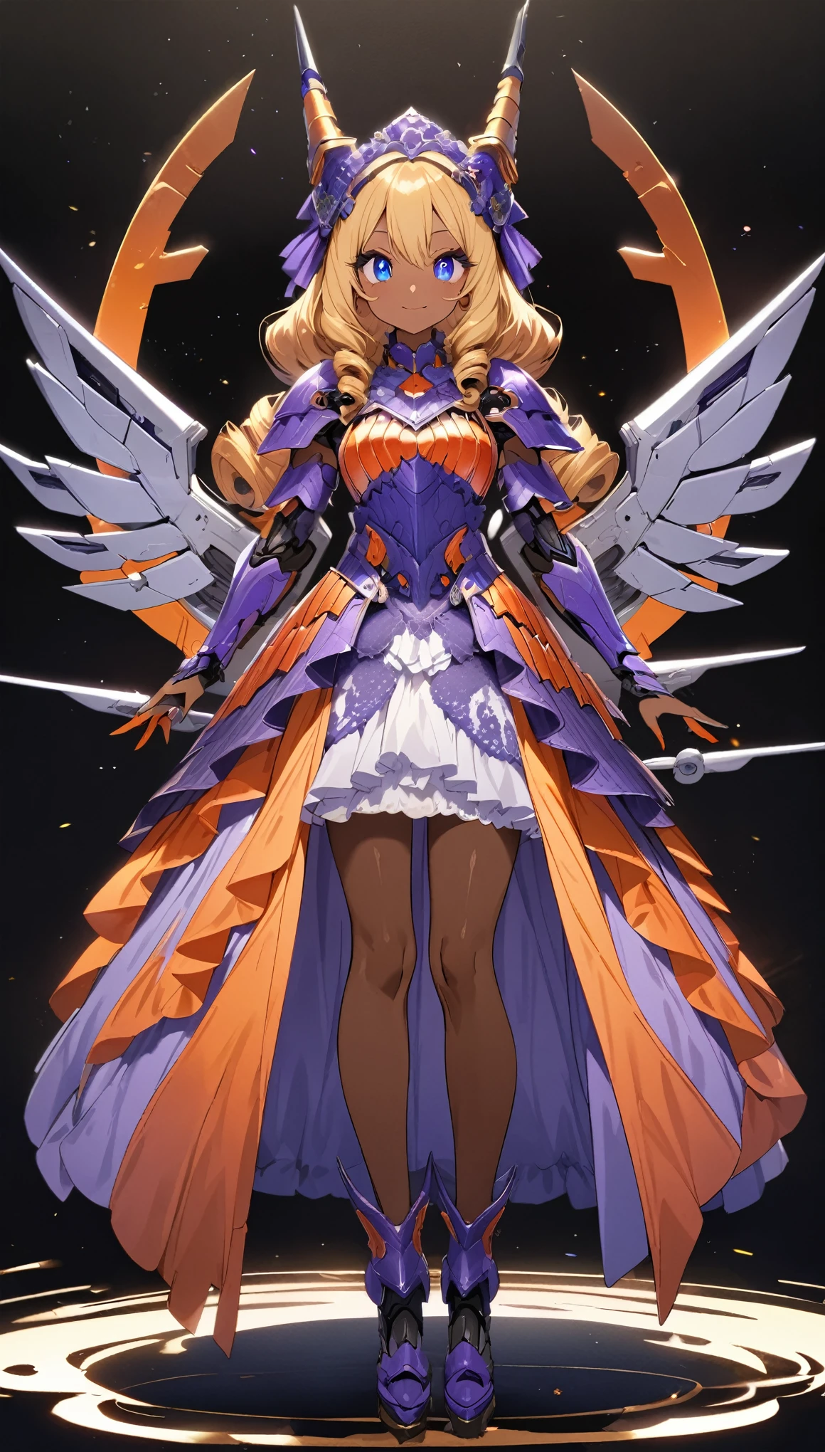 masterpiece, best quality, extremely detailed, high resolution, Japanese anime,1girl, (dark skin:1.2), gold hair, (medium length hair:1.4), curly hair, wavy hair, drill hair, low twintails, (mechanical horn:1.5), (mechanical wing:1.2), (eye lashes:1.3), (eye shadow:1.3), (blue eyes:1.5), (beautiful detailed eyes:1.4), laugh, 130cm tall, original character, fantasy, (black background:1.2), (full body:1.8), beautiful fingers, standing, (blue purple Orange-colored lace frill armor dress:1.5), (mechanical headdress:1.5) , shoot from front, looking at viewer ,