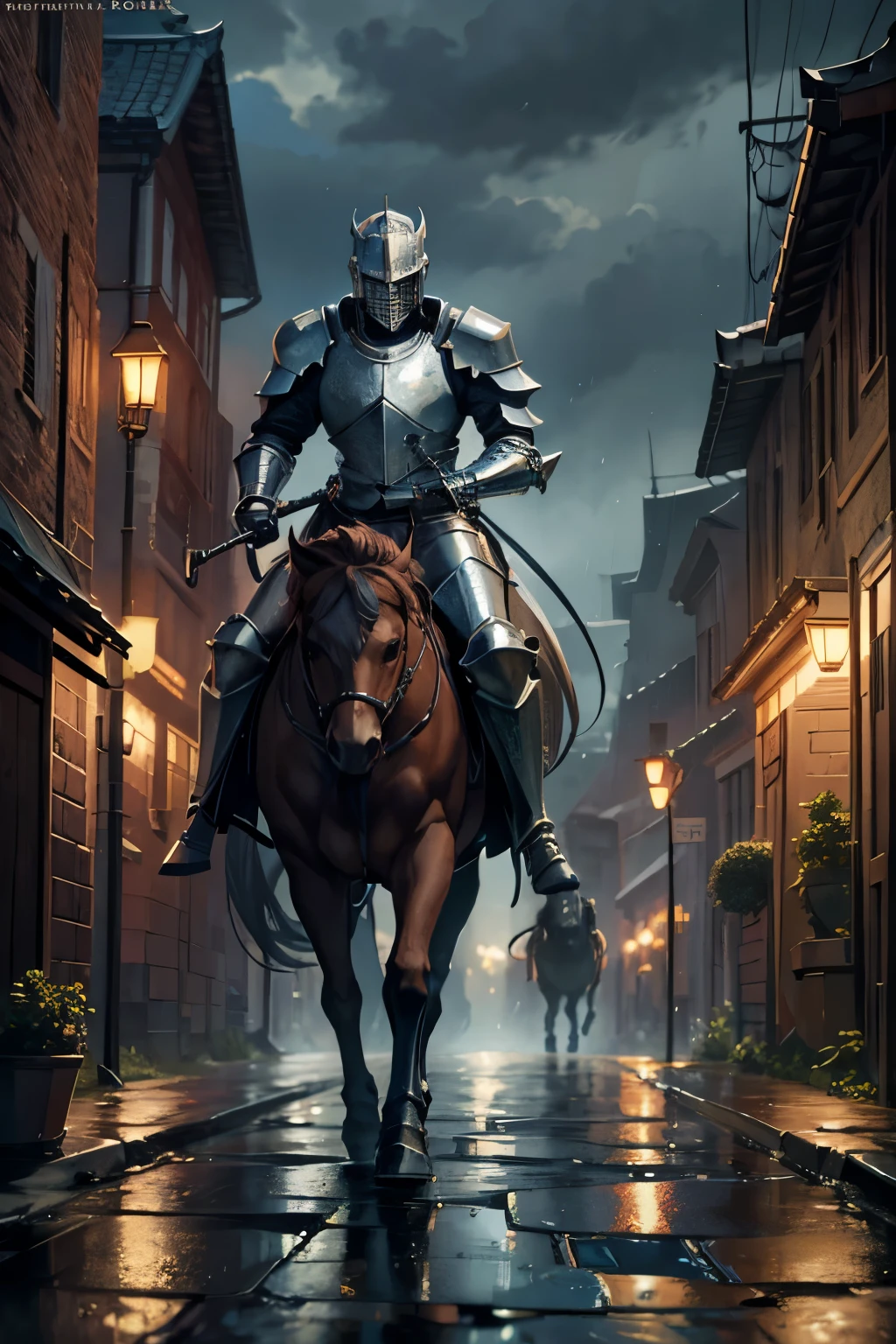 fantasy art, RPG art, high details, best quality, 16k, RAW, [best detailed], masterpiece, best quality, (extremely detailed), (full body: 1.2), ultra wide shot, photorealistic, a (noble knight: 1.3) rides his white-horse in the dark streets of a medieval town, its raining heavy rain, the rain drops on the noble knight, drops on the street, puddles in the street, the knight wears (heavy armor :1.3), (((wearing skull-helmet))), armed with a (intricate sword: 1.3), the street is dark, lit by torches, a (fantasy temple: 1.2) in the background, fantasy urban town setting, cloudy night, full red moon,