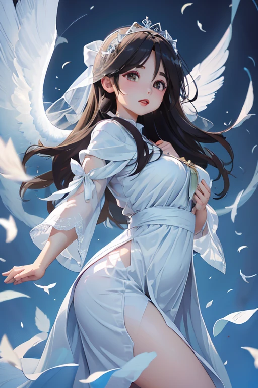Angel,1 female,Wear a loose, veil-like garment that covers the entire body、Have wings,Floating in the air,Blue background,The atmosphere that blends in,Young face,Far-sighted Eyes,Her plump lips are slightly open,Crisp eyebrows,