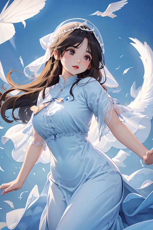 Angel，1 female，Wear a loose, veil-like garment that covers the entire body、Have wings，Floating in the air，Blue background，The atmosphere that blends in，Young face，Far-sighted Eyes，Her plump lips are slightly open，Crisp eyebrows，