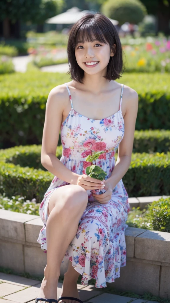 masterpiece, highest quality, disorganized, perfect anatomy, 1 girl, alone, pascal tales, short hair, beautiful, Hilarious, sunny day, botanical garden, Summer winds, sundress, Floral, wavy hair, smile、