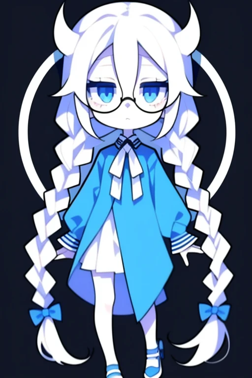 Half-length statue of a girl,k hd,4K,face expressionless,style of anime,sideface,white backgrounid,blue color eyes,white color hair,((full body)),Confused eyes, ((glasses, twin braids)),