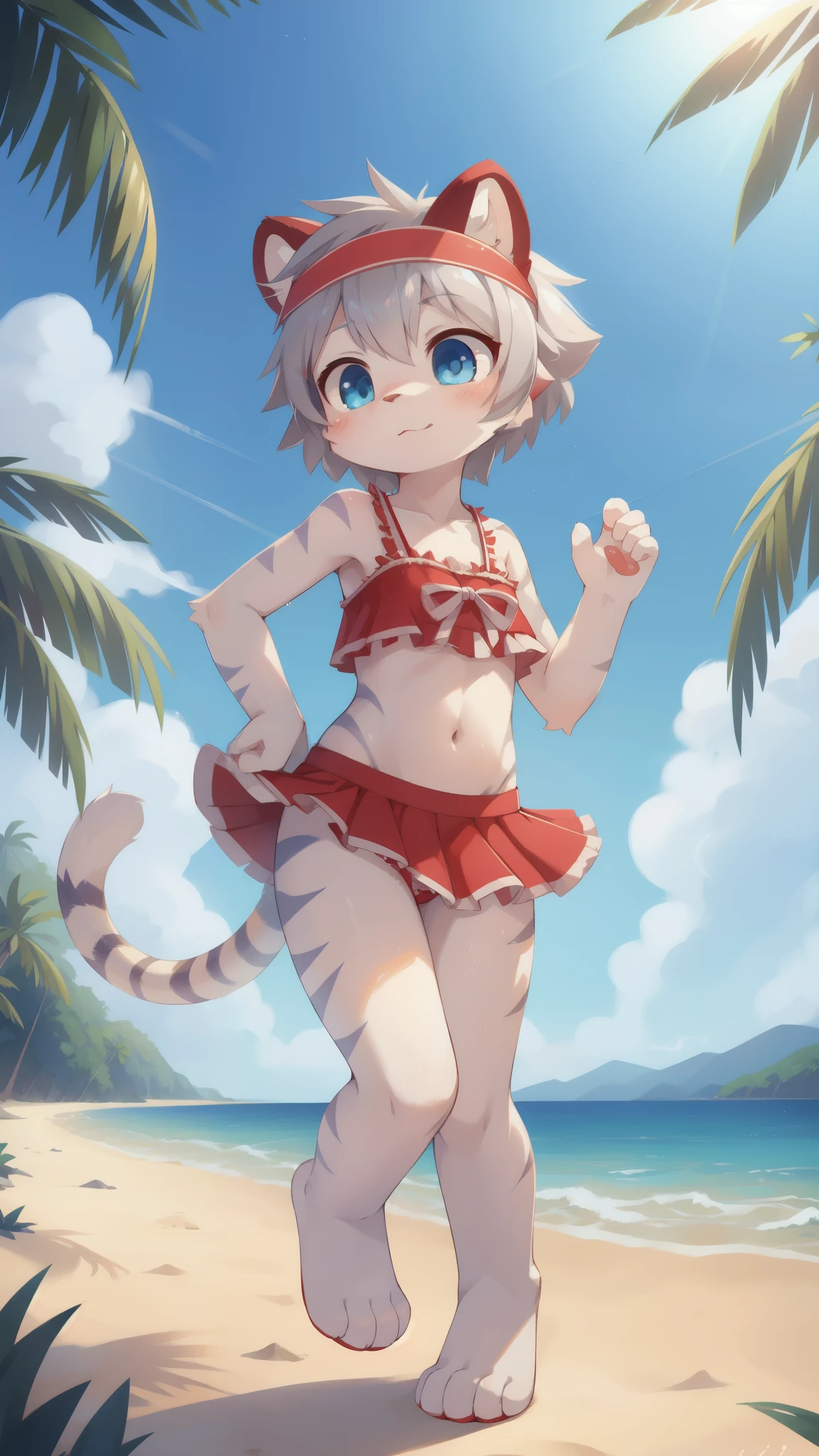 Furry girl, young, white tiger, gray hair, spiky short hair, blue eyes, white body fur, small breasts, detailed body fur, detailed face, detailed eyes, glistering body, shiny body, gorgeous body, masterpiece, high quality, :3, ((red headband, red  frilly swim top, red frilly swim skirt)), full body, feets with three toes, 3 toes, beach, clear sky,