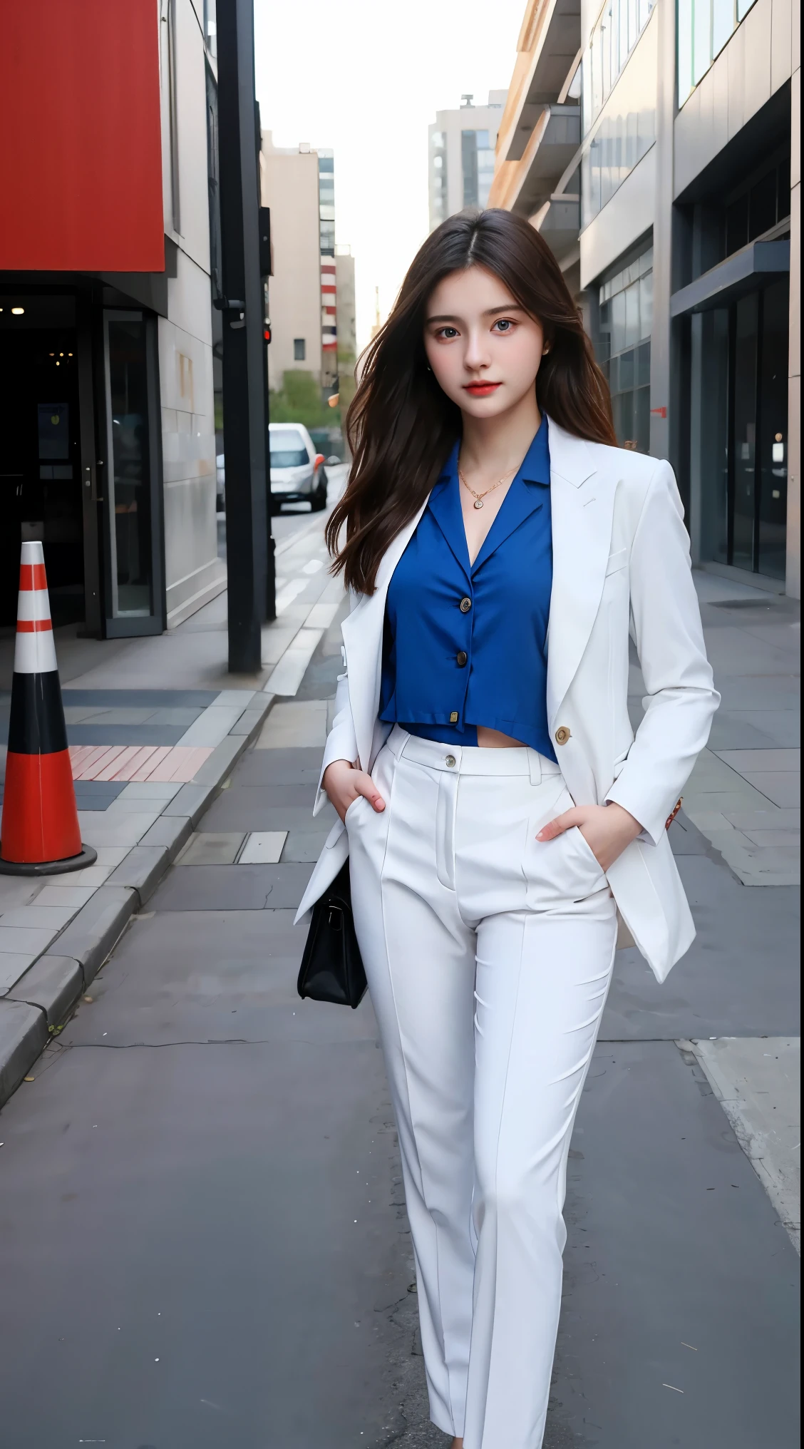 Gorgeus Girl, Beautiful, Baby Face, 20 Years Old, White Skin, wearing red blazer, Blue Eye, street Background, Masterpiece, full body Shot, facing forward, woman trousers, business suit