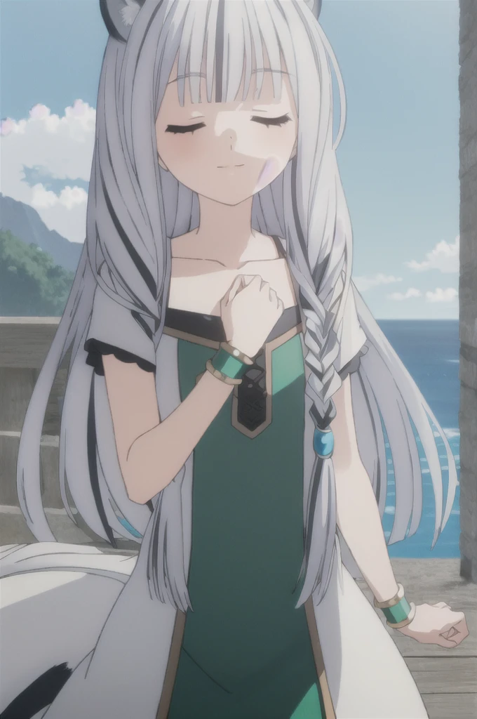 ((masterpiece)), (best quality), (ultra-detailed), photorealistic, (best illustration), ((an extremely delicate and beautiful)), 1girl, solo, long hair, tiger ears, [:tiger tail under:0.2], white hair, two-tone hair, feet out of frame, white dress, (green dress:1), multicolored dress, cross-laced, standing, closed eyes, smile, black skirt, short sleeves, detailed scenery, blue sky, horizon, low twin braids, twin braids, hair ornament, bracelet, (hand on own chest:0.9), blush