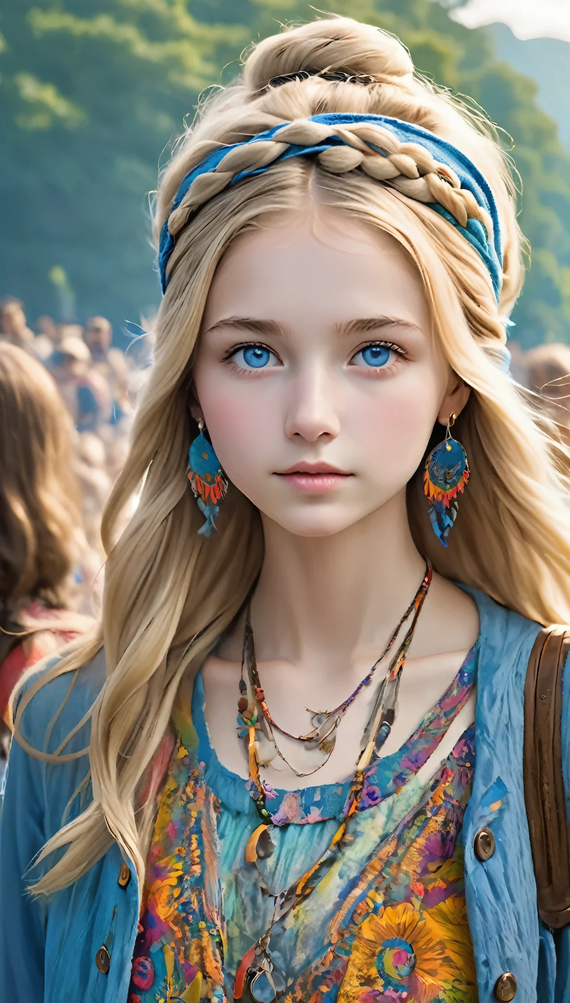 Imagine a beautiful 18-year-old American hippie girl at the Woodstock concert in 1969, Wearing a hip headband、Long, wavy, messy blonde hair , Blue-gray eyes, Ultra-realistic eyes, White skin, Natural Makeup, Wear hippie clothes, Summer Dresses, Hippie jacket made from worn jeans, Psychedelic Jewelry, Hippie Earrings, hip necklace, Highly detailed face, Ultra-Realistic Skin, Runner's Body, small and taut breasts, 8k, Ultra-high resolution.Realistic, UHD close-up shot, Staring at the audience, Look away, Stone-covered face, relax, (Peace and love, Woodstock 1969 vibe, Outdoor rock concert in the background:1.3), RAW Photos, sharp