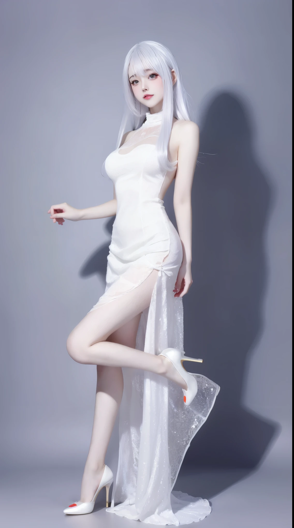 8K, Surrealism, masterpiece, best quality, Super detailed, high resolution, Random Background, 1 girl, (:1.5), Yao Liu, White Dress,Colored hair,translucent,whole body,High heel透明婚纱,High heel,whole body,Colorful