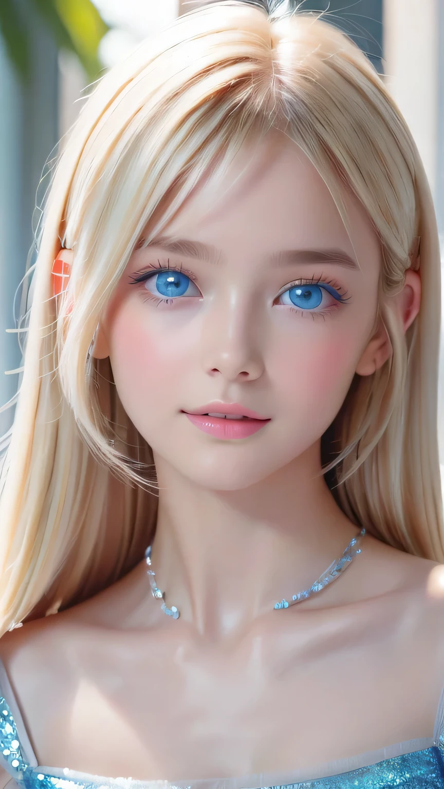 Beautiful white and shining skin、Blonde hair that changes color depending on the light、Bangs between the eyes obstruct vision、Shiny highlights on the cheeks、Sexy and very beautiful nice cute gorgeous face、The most beautiful face in the world、Super long gorgeous spare blonde hair、Smooth straight hair、Large Breasts, Very large, bright blue eyes that sparkle beautifully、Beautiful Bangs、Beautiful cute girl.Small Face Beauty、Cheek gloss highlighter、Round face