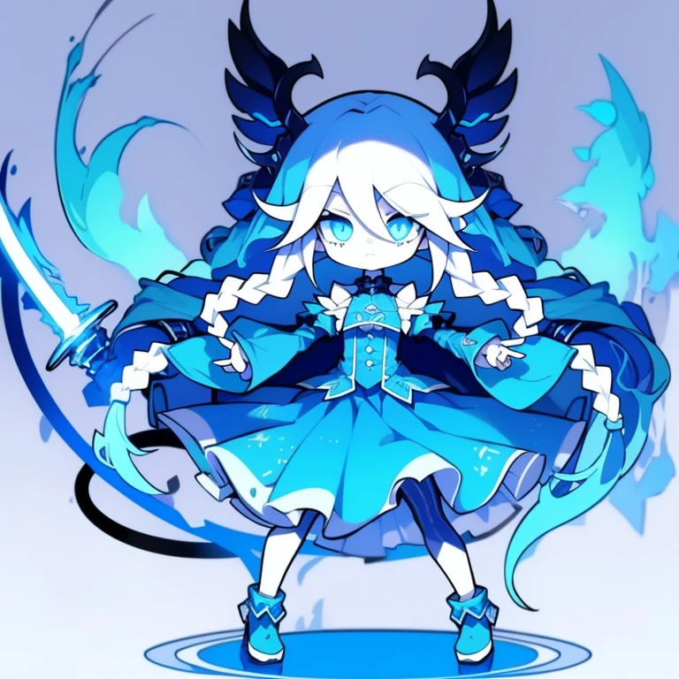Half-length statue of a girl,k hd,4K,face expressionless,style of anime,sideface,white backgrounid,blue color eyes,white color hair,((full body)),Confused eyes,(default character)SD character, masterpiece,best quality,ultra detailed,4K,super fine illustration,highly detailed beautiful face and eyes,cyan color scheme, lighting,fantasy,extremely solemn atmosphere,long hair,floating hair,smirk,fighting stance,dynamic pose,(holding glowing sword:1.3),particle light,luminescence,plasma,electric current,blue flame,sense of depth,dynamic angle,((glasses, twin braids)),