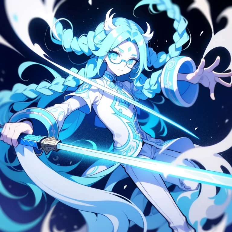 Half-length statue of a girl，k hd，4K，face expressionless，style of anime，sideface，white backgrounid，blue color eyes，white color hair,((full body)),Confused eyes,(default character)SD character, masterpiece,best quality,ultra detailed,4K,super fine illustration,highly detailed beautiful face and eyes,cyan color scheme, lighting,fantasy,extremely solemn atmosphere,long hair,floating hair,smirk,fighting stance,dynamic pose,(holding glowing sword:1.3),particle light,luminescence,plasma,electric current,blue flame,sense of depth,dynamic angle,((glasses, twin braids)),