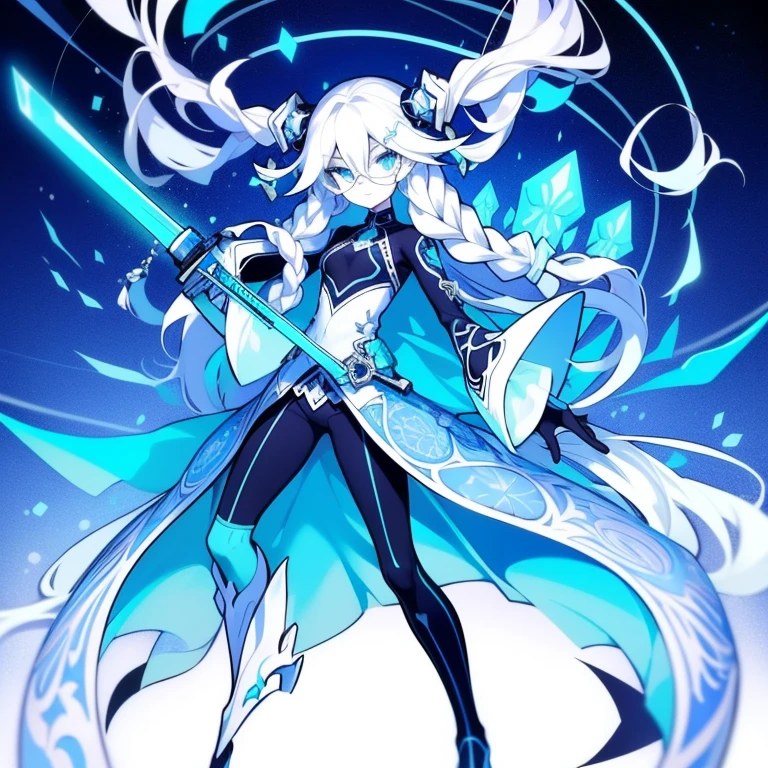 Half-length statue of a girl，k hd，4K，face expressionless，style of anime，sideface，white backgrounid，blue color eyes，white color hair,((full body)),Confused eyes,(default character)SD character, masterpiece,best quality,ultra detailed,4K,super fine illustration,highly detailed beautiful face and eyes,cyan color scheme, lighting,fantasy,extremely solemn atmosphere,long hair,floating hair,smirk,fighting stance,dynamic pose,(holding glowing sword:1.3),particle light,luminescence,plasma,electric current,blue flame,sense of depth,dynamic angle,((glasses, twin braids)),