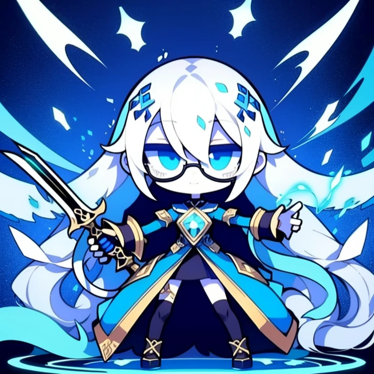 Half-length statue of a girl，k hd，4K，face expressionless，style of anime，sideface，white backgrounid，blue color eyes，white color hair,((full body)),Confused eyes,(default character)SD character, masterpiece,best quality,ultra detailed,4K,super fine illustration,highly detailed beautiful face and eyes,cyan color scheme, lighting,fantasy,extremely solemn atmosphere,long hair,floating hair,smirk,fighting stance,dynamic pose,(holding glowing sword:1.3),particle light,luminescence,plasma,electric current,blue flame,sense of depth,dynamic angle,((glasses, twin braids)),