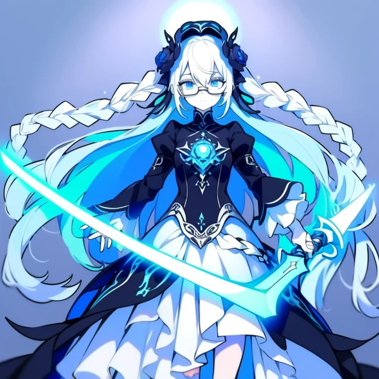 Half-length statue of a girl，k hd，4K，face expressionless，style of anime，sideface，white backgrounid，blue color eyes，white color hair,((full body)),Confused eyes,(default character)SD character, masterpiece,best quality,ultra detailed,4K,super fine illustration,highly detailed beautiful face and eyes,cyan color scheme, lighting,fantasy,extremely solemn atmosphere,long hair,floating hair,smirk,fighting stance,dynamic pose,(holding glowing sword:1.3),particle light,luminescence,plasma,electric current,blue flame,sense of depth,dynamic angle,((glasses, twin braids)),