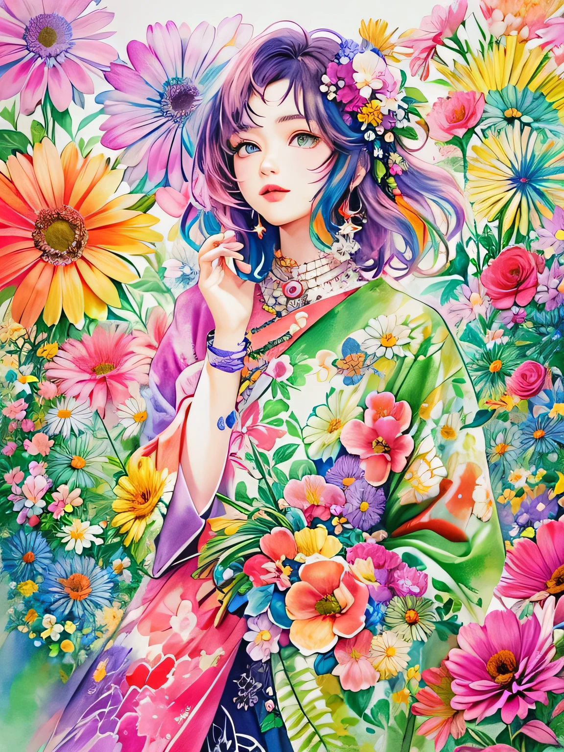 Hiromi Matsuo Style、(((stylish fashion))), 8K Quality、Intense watercolor, Detailed watercolor art, Watercolor splash, Surreal, avant-garde pop art, Beautiful and expressive paintings, Beautiful artwork illustration, Very colorful tones, wonderful, Cool beauty, highest quality、Official Art, Vector art, Stylish design, (((The most beautiful girl))), (((highest quality))), HDR, ((detailed)), (((Doodle Art)), ((masterpiece)), ((Super detailed)), (((Colorful flowers))),(((Stylish))),