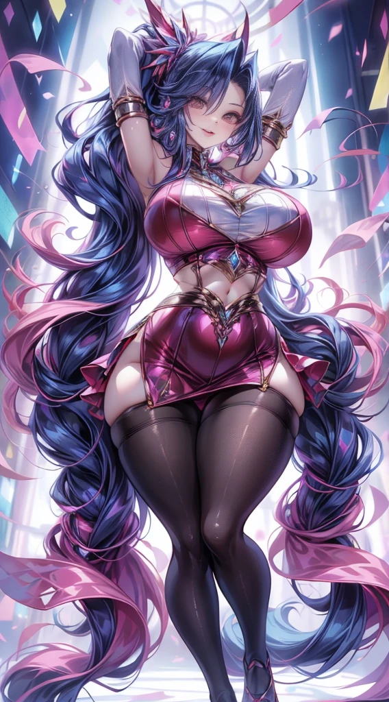 A sexy Asian lady wearing a sexy mini skirt and pantyhose has huge breasts her hair has gone past her waist is shiny reddish blue and covers one of the eyes and her glossy plump lips are red she can capture everyone with her smile and her seductive body the shoot shows her full body