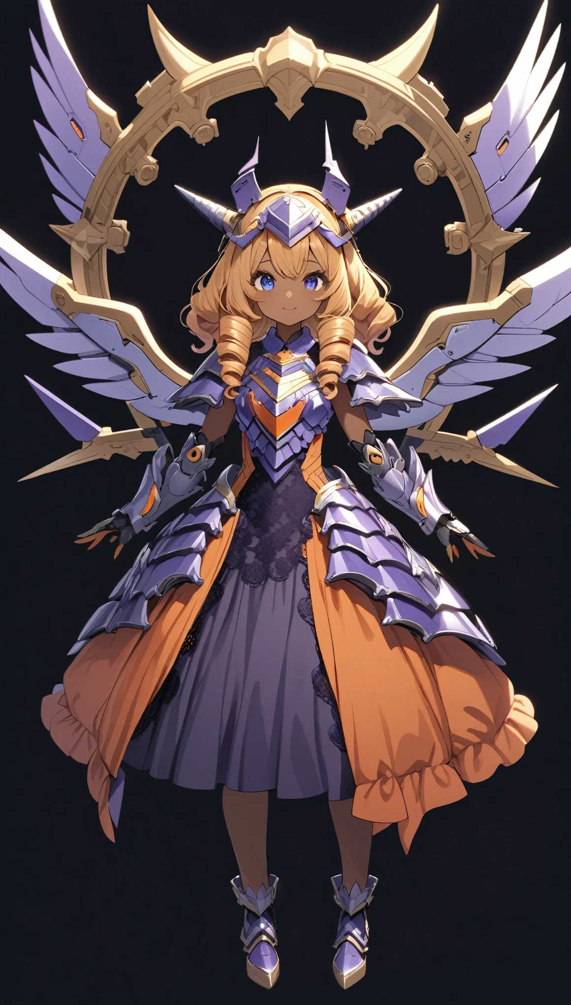 masterpiece, best quality, extremely detailed, high resolution, Japanese anime,1girl, (dark skin:1.2), gold hair, (medium length hair:1.4), curly hair, wavy hair, drill hair, low twintails, (mechanical horn:1.5), (mechanical wing:1.2), (eye lashes:1.3), (eye shadow:1.3), (blue eyes:1.5), (beautiful detailed eyes:1.4), laugh, 130cm tall, original character, fantasy, (black background:1.2), (full body:1.8), beautiful fingers, standing, (blue purple Orange-colored lace frill armor dress:1.5), (mechanical headdress:1.5) , shoot from front, looking at viewer ,