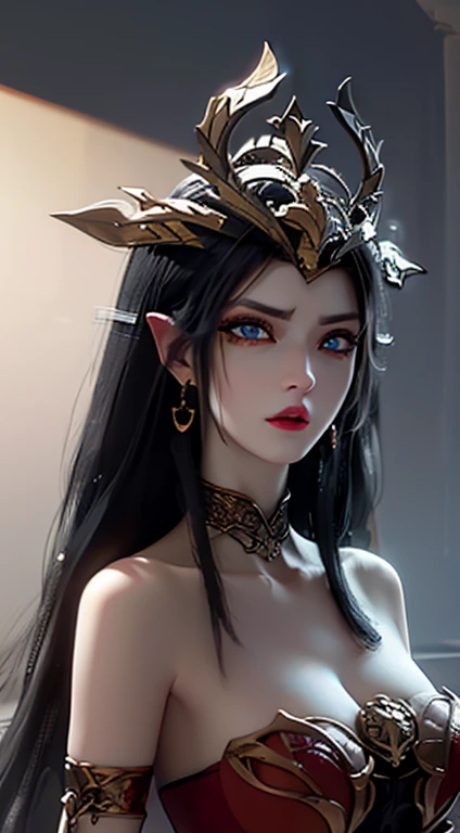 1 The very beautiful Queen Medusa in Hanfu, (((Large Breasts、Breast sagging、Low-cut，Cleavage ，Wide hips,)))((Long legs)),Hourglass figure))thin Red silk shirt with many yellow motifs, Black lace top, a crown on her head, Long hair dyed black, beautiful hair jewelry, Nice and cute face, Perfect face, Earrings Jewelry, Antique Jewelry, big Red eyes, Sharp eye makeup, Delicate eyelash makeup, Thin eyebrows, high nose, pretty Red lips, No smile, Pursed lips, Red face, Large Breasts, Large Breasts, Well-proportioned breasts, Slim waist, Red mesh stockings with black border, Chinese Hanfu style, Fictional Art Patterns, Vivid and realistic colors, RAW photos, Actual photos, Ultra-high quality 8K hyper-realistic photos, good photo, (virtual light effect: 1.8), 10x pixel, Effect Magic (background): 1.8), (super detailed eyes: 1.8), (eyelid): Red: 1.8), (Dark circles pupil: 1.8)Beautiful girl portrait, Girl Alone, antique hanfu background, Look directly at the audience, Wide original image, 8K picture quality, Super sharp, Most detailed、The clearest images, detailed bright background,