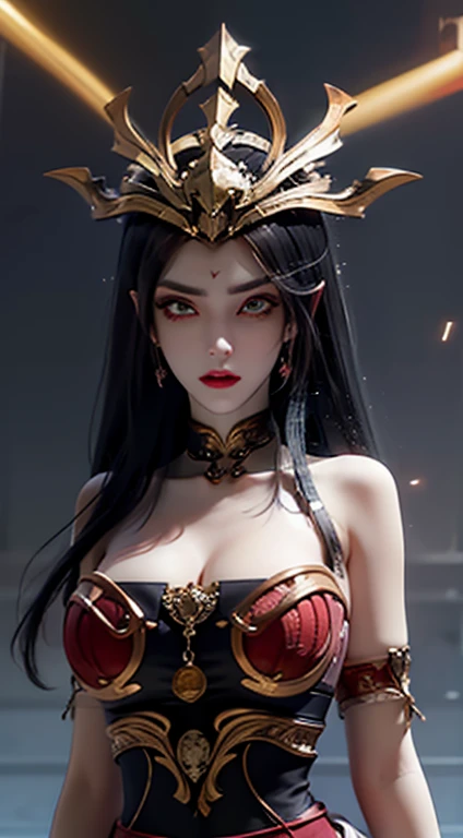1 The very beautiful Queen Medusa in Hanfu, (((Large Breasts、Breast sagging、Low-cut，Cleavage ，Wide hips,)))((Long legs)),Hourglass figure))thin Red silk shirt with many yellow motifs, Black lace top, a crown on her head, Long hair dyed black, beautiful hair jewelry, Nice and cute face, Perfect face, Earrings Jewelry, Antique Jewelry, big Red eyes, Sharp eye makeup, Delicate eyelash makeup, Thin eyebrows, high nose, pretty Red lips, No smile, Pursed lips, Red face, Large Breasts, Large Breasts, Well-proportioned breasts, Slim waist, Red mesh stockings with black border, Chinese Hanfu style, Fictional Art Patterns, Vivid and realistic colors, RAW photos, Actual photos, Ultra-high quality 8K hyper-realistic photos, good photo, (virtual light effect: 1.8), 10x pixel, Effect Magic (background): 1.8), (super detailed eyes: 1.8), (eyelid): Red: 1.8), (Dark circles pupil: 1.8)Beautiful girl portrait, Girl Alone, antique hanfu background, Look directly at the audience, Wide original image, 8K picture quality, Super sharp, Most detailed、The clearest images, detailed bright background,