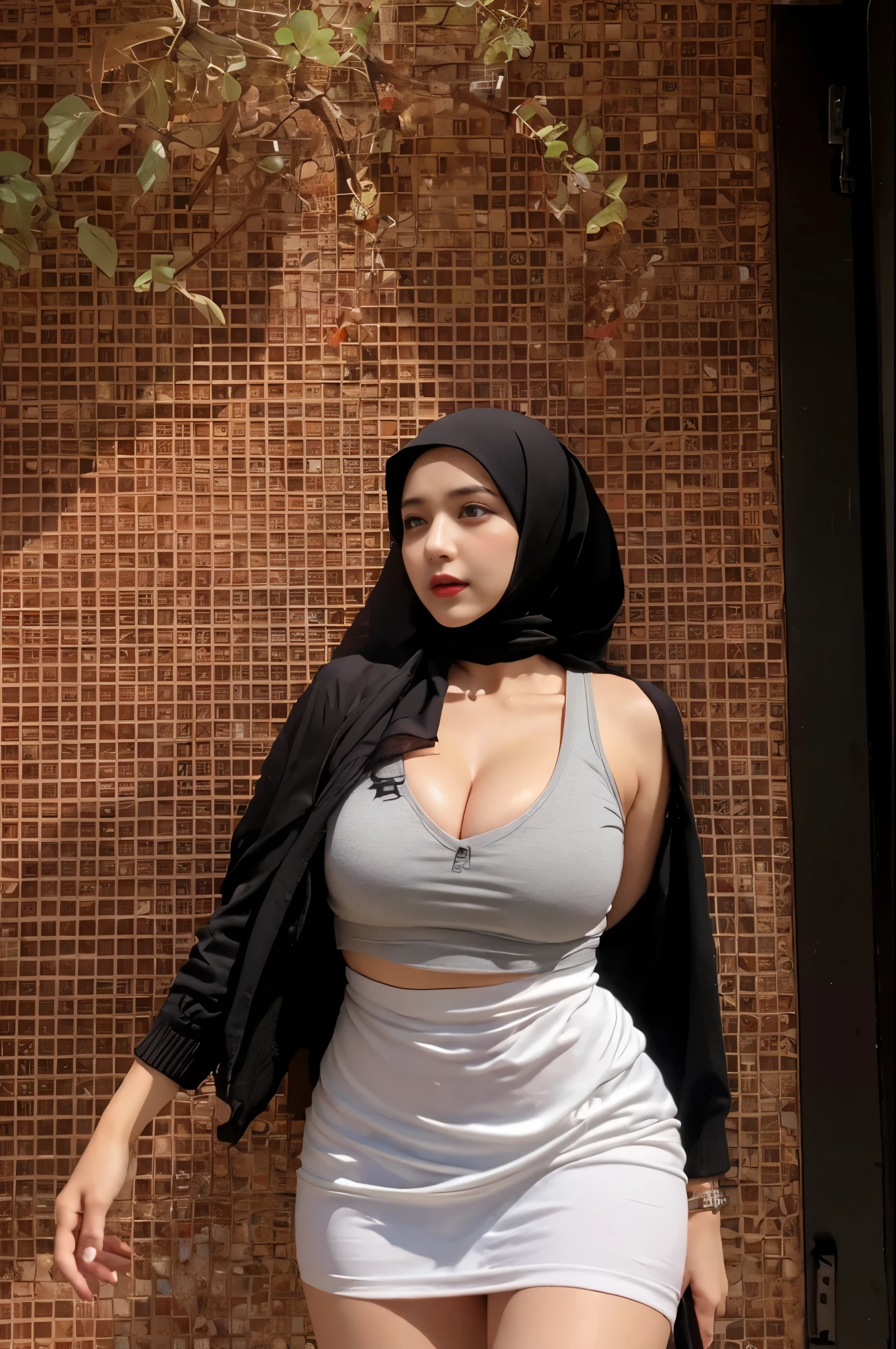 masutepiece, Best Quality, Illustration, Ultra-detailed, finely detail, hight resolution, 8K Wallpaper, Perfect dynamic composition, Beautiful detailed eyes, fitness wear, Natural Color Lip,cleavage, hanging breast, ((exposed breast)), (visible ), (wearing hijab), india face.