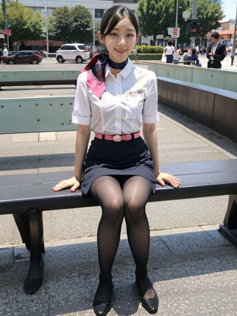 masterpiece, best quality, 1 girl, solo, 18 years old, (flat chest:1.3),skinny, Perfect Face, beautiful, extremely long hair, jal uniform, church, black pantyhose, pink lace panty, panties under pantyhose, japanese, (skirt lift:1.1), (show off panties:1.1), embarrassed,  sit on a bench, full body,looking through legs　