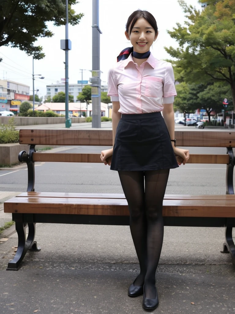masterpiece, best quality, 1 girl, solo, 18 years old, (flat chest:1.3),skinny, Perfect Face, beautiful, extremely long hair, jal uniform, church, black pantyhose, pink lace panty, panties under pantyhose, japanese, (skirt lift:1.1), (show off panties:1.1), embarrassed, sit on a bench, full body,looking through legs