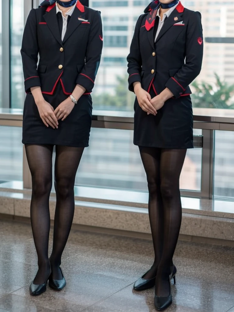 masterpiece, best quality, 1 girl, solo, 18 years old, (flat chest:1.3),skinny, Perfect Face, beautiful, extremely long hair, jal uniform, church, black pantyhose, pink lace panty, panties under pantyhose, japanese, (skirt lift:1.1), (show off panties:1.1), embarrassed,  sit on a bench, full body,looking through legs　