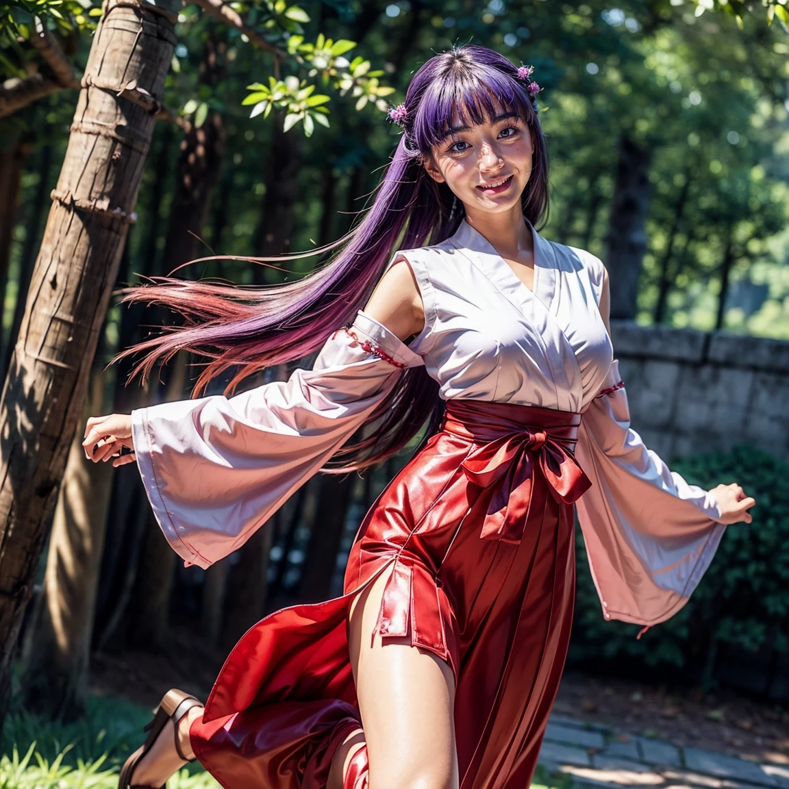 ultra-detailed, Beautiful body, Beautiful Nose, Beautiful character design, perfect eyes, perfect face, ultra highres, 16K, beautiful legs, perfect legs, Nice hands, Perfect hands, Masterpiece, Best Quality, Highly detailed, illustration, absurdres, perfect anatomy, expression of joy, glowing eyes, looking at viewer, mystic aura, female priestess, full body, goddess-like, happy trance, perfect female body, smile, japanese clothes, miko, detached sleeves, hakama, hakama skirt, red hakama, ribbon-trimmed sleeves, joyful eyes, horns, 1girl, hair ornaments, purple hair, long hair, purple eyes, (((pixel-perfect, detail-perfect))), solo, Hanyuu, higurashi when they cry, umineko when they cry, medium sized natural breasts