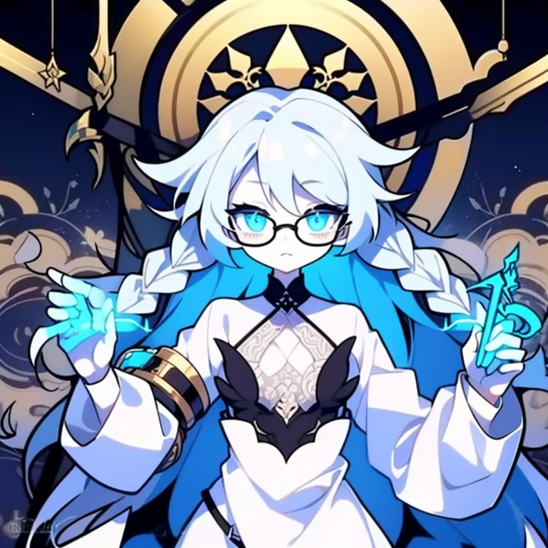 Half-length statue of a girl,k hd,4K,face expressionless,style of anime,sideface,white backgrounid,blue color eyes,white color hair,Confused eyes,(default character)(SD character), masterpiece,best quality,ultra detailed,4K,super fine illustration,highly detailed beautiful face and eyes,cyan color scheme, lighting,fantasy,extremely solemn atmosphere,long hair,floating hair,smirk,fighting stance,dynamic pose,(holding glowing sword:1.3),particle light,luminescence,plasma,electric current,blue flame,sense of depth,dynamic angle,((glasses, twin braids)),