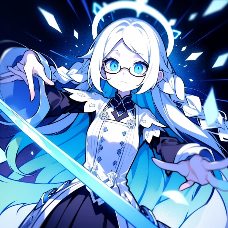 Half-length statue of a girl，k hd，4K，face expressionless，style of anime，sideface，white backgrounid，blue color eyes，white color hair,Confused eyes,(default character)(SD character), masterpiece,best quality,ultra detailed,4K,super fine illustration,highly detailed beautiful face and eyes,cyan color scheme, lighting,fantasy,extremely solemn atmosphere,long hair,floating hair,smirk,fighting stance,dynamic pose,(holding glowing sword:1.3),particle light,luminescence,plasma,electric current,blue flame,sense of depth,dynamic angle,((glasses, twin braids)),