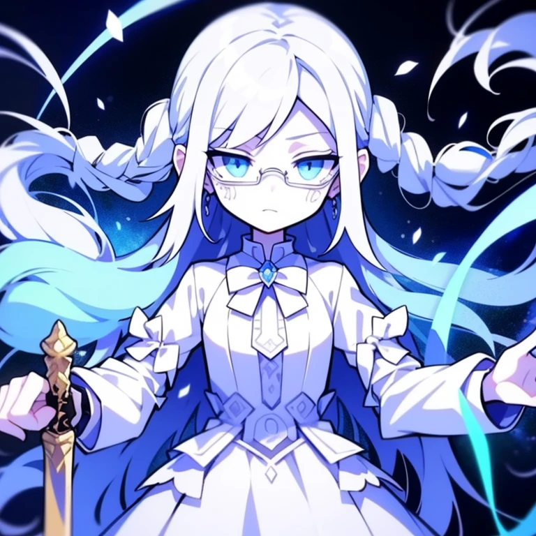 Half-length statue of a girl，k hd，4K，face expressionless，style of anime，sideface，white backgrounid，blue color eyes，white color hair,Confused eyes,(default character),(SD character), masterpiece,best quality,ultra detailed,4K,super fine illustration,highly detailed beautiful face and eyes,cyan color scheme, lighting,fantasy,extremely solemn atmosphere,long hair,floating hair,smirk,fighting stance,dynamic pose,(holding glowing sword:1.3),particle light,luminescence,plasma,electric current,blue flame,sense of depth,dynamic angle,((glasses, twin braids)),