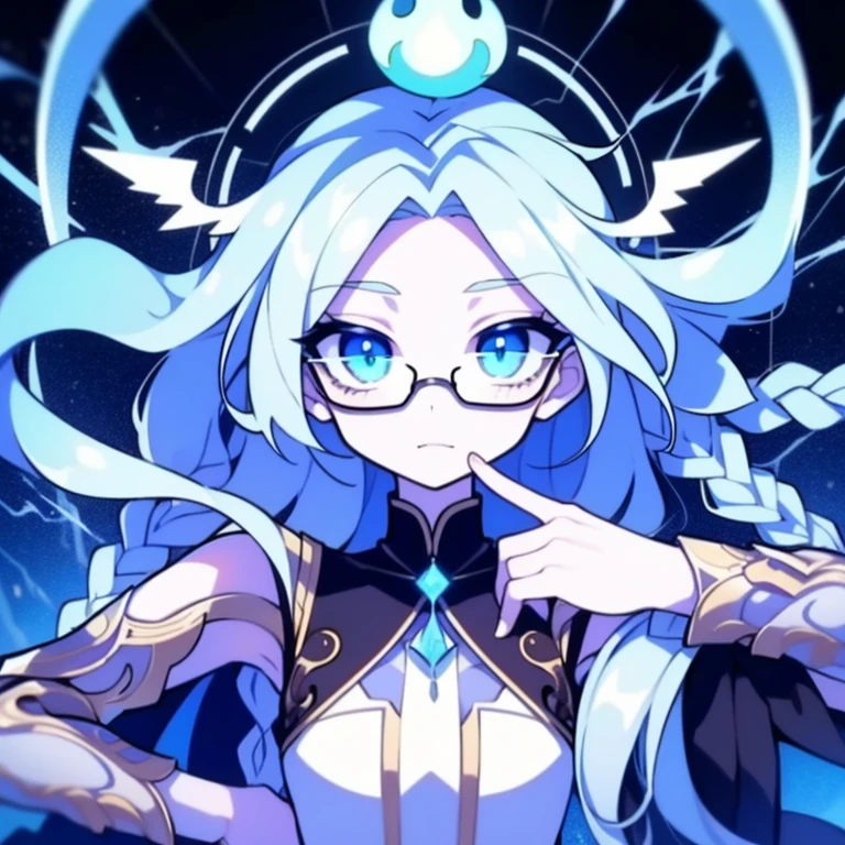 Half-length statue of a girl,k hd,4K,face expressionless,style of anime,sideface,white backgrounid,blue color eyes,white color hair,Confused eyes,(default character),(SD character), masterpiece,best quality,ultra detailed,4K,super fine illustration,highly detailed beautiful face and eyes,cyan color scheme, lighting,fantasy,extremely solemn atmosphere,long hair,floating hair,smirk,fighting stance,dynamic pose,(holding glowing sword:1.3),particle light,luminescence,plasma,electric current,blue flame,sense of depth,dynamic angle,((glasses, twin braids)),