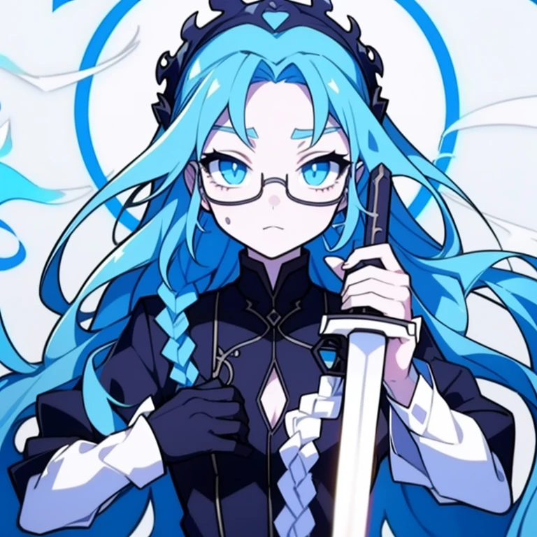 Half-length statue of a girl,k hd,4K,face expressionless,style of anime,sideface,white backgrounid,blue color eyes,white color hair,Confused eyes,(default character),(SD character), masterpiece,best quality,ultra detailed,4K,super fine illustration,highly detailed beautiful face and eyes,cyan color scheme, lighting,fantasy,extremely solemn atmosphere,long hair,floating hair,smirk,fighting stance,dynamic pose,(holding glowing sword:1.3),particle light,luminescence,plasma,electric current,blue flame,sense of depth,dynamic angle,((glasses, twin braids)),