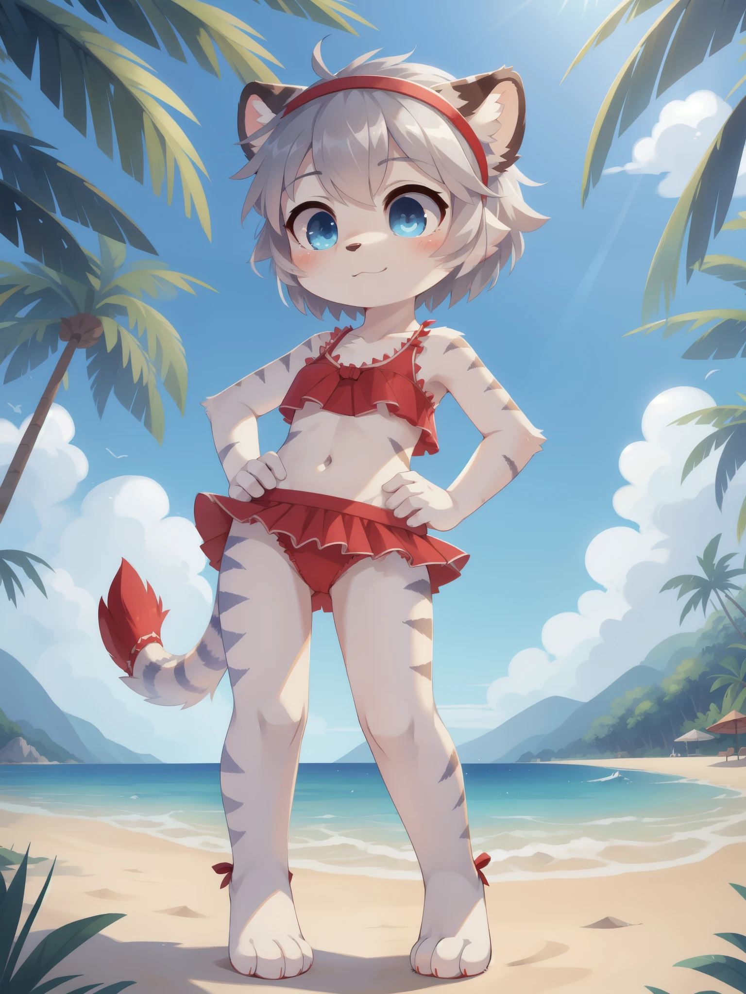 Furry girl, young, white tiger, gray hair, spiky short hair, blue eyes, white body fur, small breasts, detailed body fur, detailed face, detailed eyes, glistering body, shiny body, gorgeous body, masterpiece, high quality, :3, ((red headband, red frilly swim top, red frilly swim skirt)), hands on hips, 3 toes, beach, clear sky,