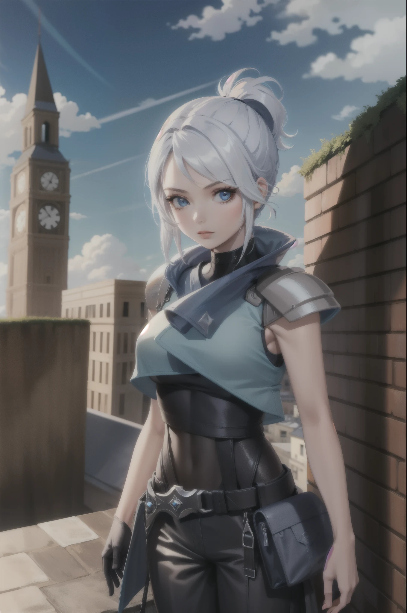 (masterpiece, best quality:1.2), intricate details, jett, 1girl, black gloves, shoulder pads, black pants, cropped sleeveless jacket, blue eyes, white hair, rooftop, tower, cloud, sunbeam