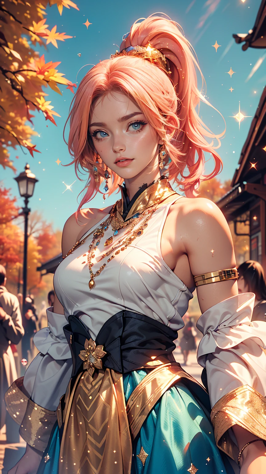 (masterpiece), (highest quality), (Very detailed), (Dirty Hair), (figure), (1 girl) (Long Pink Hair 1.5) (blue eyes) (Double Ponytail 2.0), ((((No shoulders))),Hanfu, (Looking at the audience, (interview), (Simple Background), Beautiful and delicate eyes, Delicate and beautiful face, Soar (High saturation), (Colorful Glitter), Colorful bubbles, (Glitter), Facial accents, Perfect NwsjMajic, Conservative dress, Shoulder less, Autumn Clothes, Facing the Public, Perfect figure