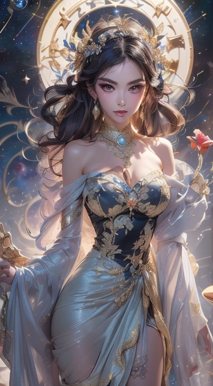 1 goddess of the zodiac from the future wears a thin Silk dress, The twelve constellations are so beautiful,(((Large Breasts、Breast sagging、Low-cut,Cleavage ,Wide hips,)))((Long legs)),Hourglass figure)) the goddess of the zodiac wears a colorful thin Silk dress with sexy black and white lace, The goddess shines with a brilliant purple bow, pink zodiac constellations, star in the picture of 12 zodiac constellationss, goddess of the zodiac in a thin Silk dress, golden zodiac with many black details, Mythological goddesses in the twelve constellations, zodiac constellations, Zodiac style, Dark Mystery Version, Full breasts, Big and round breasts, Big breasts and big buttocks,The red lips are charming, Really not laughing, Carroll Baker and Pino Denis, intricate detail, detailed background, many background objects, extremely detailed, Magic lights, Miss, Dye your hair in seven colors,Tie neatly, Clean face without scars, Beautiful face and well-proportioned eyes, Delicate red lips, Big round eyes and beautiful makeup. detail, Telefocal, Silk dress, Hair accessories, Neck accessories, Costume Jewelry, Arm and thigh jewelry, Goddess foot jewelry, Mystery jewelry, (Upper portrait: 1.9) , cantilever, Sexy and attractive zodiac goddess , (space: 1.8), (galaxy: 1.7), aurora, lightning, (aurora background: 1.8), beautiful eyes, beautiful eyes photo, goddess of beauty and flowers, fantasy Magic lights effect,